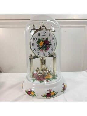 Timex Country Rose Anniversary Clock Glass Globe Mantle flowers floral READ